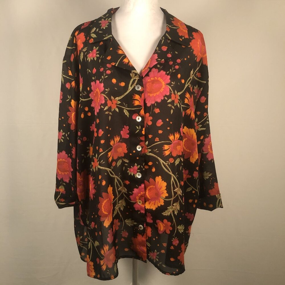 🌺 Options by Delta Burke Floral Button-Front Blouse | Black with Autumn Florals
